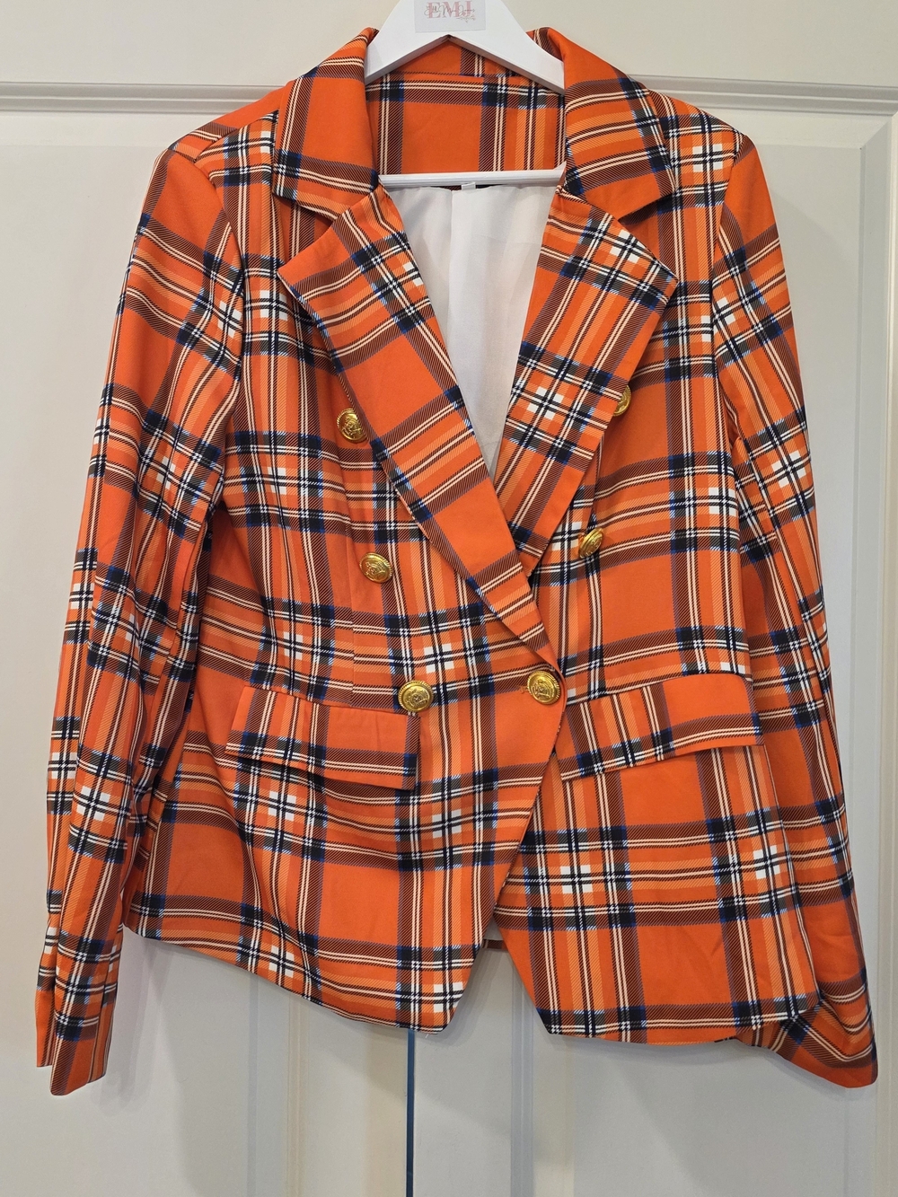 Plaid Double-Breasted Orange Blazer Jacket
